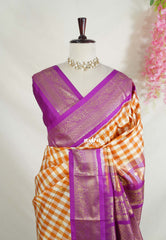 Mustard Orange & Ivory White - Sowbhagya Gift silk – Soft Silk Elegance Saree Murberry Checks with Korvai Border Contrast Pallu and Blouse - Perfect for Festive Celebration