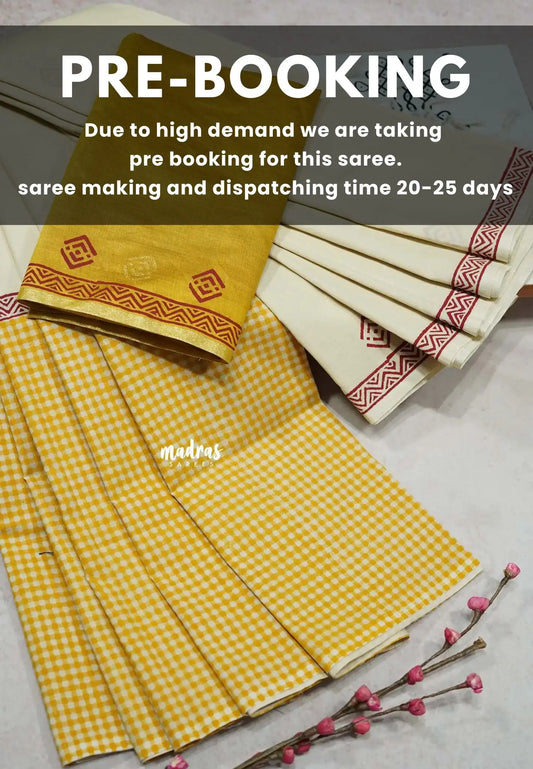 (PRE-BOOKING) Halfwhite with Yellow blouse - Sowmiya - Organic Bamboo Cotton checks handblock print