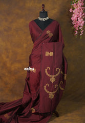 Temple Maroon - Sowmiya - Bamboo Cotton with with Gold Jimikki Kolam Handblock Prints with Double Blouse Combo - Perfect for Festive Wear