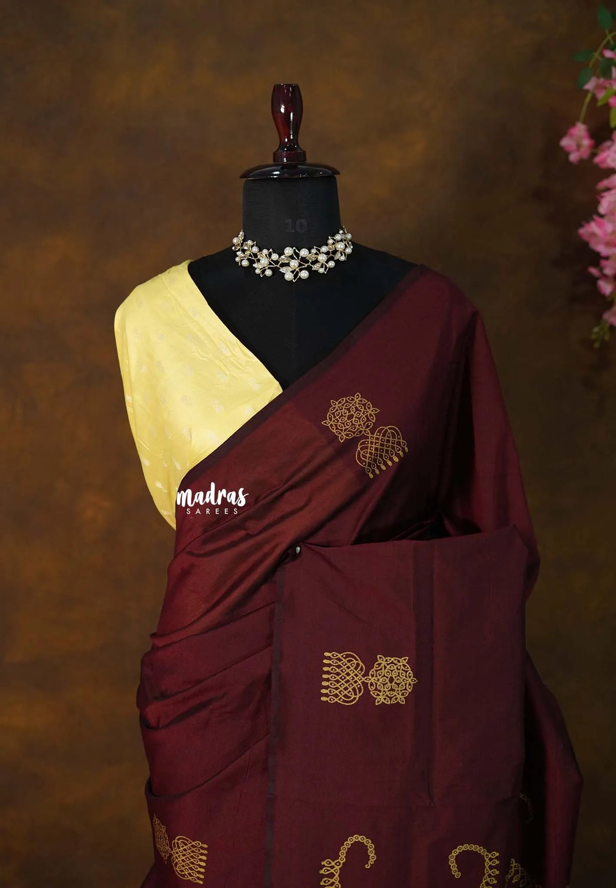 Temple Maroon - Sowmiya - Bamboo Cotton with with Gold Jimikki Kolam Handblock Prints with Double Blouse Combo - Perfect for Festive Wear