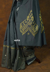 Charcoal Grey - Sowmiya - Bamboo Cotton with Handblock Checks in Border Plain Body Double Blouse Combo - Perfect for Office Wear