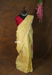 Butter Yellow - Sowmiya - Bamboo Cotton with Handblock Checks in Border Plain Body Double Blouse Combo - Perfect for Office Wear