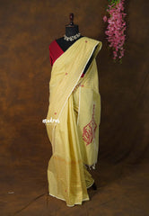 Butter Yellow - Sowmiya - Bamboo Cotton with Handblock Checks in Border Plain Body Double Blouse Combo - Perfect for Office Wear