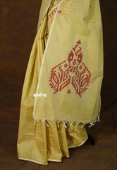 Butter Yellow - Sowmiya - Bamboo Cotton with Handblock Checks in Border Plain Body Double Blouse Combo - Perfect for Office Wear