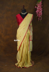 (PRE-BOOKING) Butter yellow - Sowmiya - Bamboo Cotton with Handblock Checks with Flower Double Blouse Combo - Perfect for Office Wear