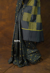Charcoal Grey - Sowmiya - Bamboo Cotton with Handblock Checks with Flower Double Blouse Combo - Perfect for Office Wear