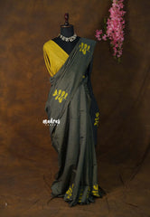 Charcoal Grey - Sowmiya - Bamboo Cotton with Handblock Checks with Leaf Print Double Blouse Combo - Perfect for Office Wear