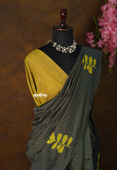 Charcoal Grey - Sowmiya - Bamboo Cotton with Handblock Checks with Leaf Print Double Blouse Combo - Perfect for Office Wear