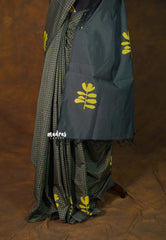 Charcoal Grey - Sowmiya - Bamboo Cotton with Handblock Checks with Leaf Print Double Blouse Combo - Perfect for Office Wear