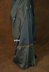 Charcoal Grey - Sowmiya - Bamboo Cotton with Handblock Checks in Border Plain Body Double Blouse Combo - Perfect for Office Wear