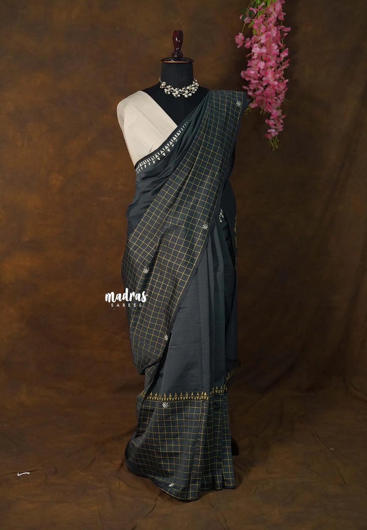 Charcoal Grey - Sowmiya - Bamboo Cotton with Handblock Checks in Border Plain Body Double Blouse Combo - Perfect for Office Wear