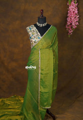 Goldarn Shade Olive Green - Space Silk Saree with Contrast Blouse and Mirror Border  - Best for Haldi or Mehendi