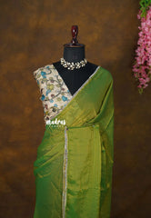 Goldarn Shade Olive Green - Space Silk Saree with Contrast Blouse and Mirror Border  - Best for Haldi or Mehendi