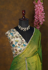 Goldarn Shade Olive Green - Space Silk Saree with Contrast Blouse and Mirror Border  - Best for Haldi or Mehendi