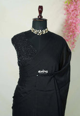 Midnight Black Space Silk Saree with Cut Beaded Work Blouse | Stylish Haldi & Mehendi Wear Saree