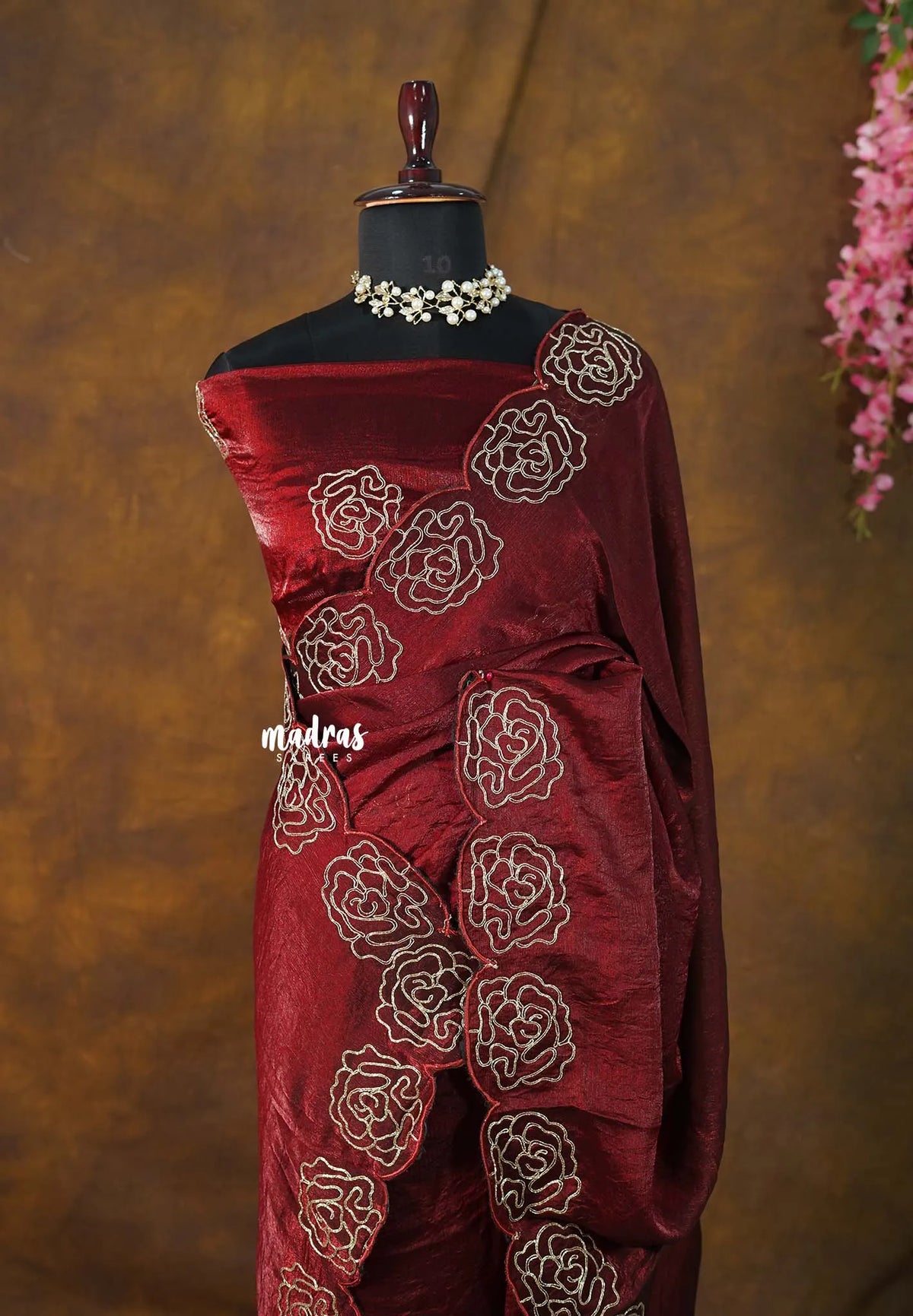 Imperial Maroon - Crush Satin Silk with Gota Patti Work border - Best for Reception, Engagement Functions