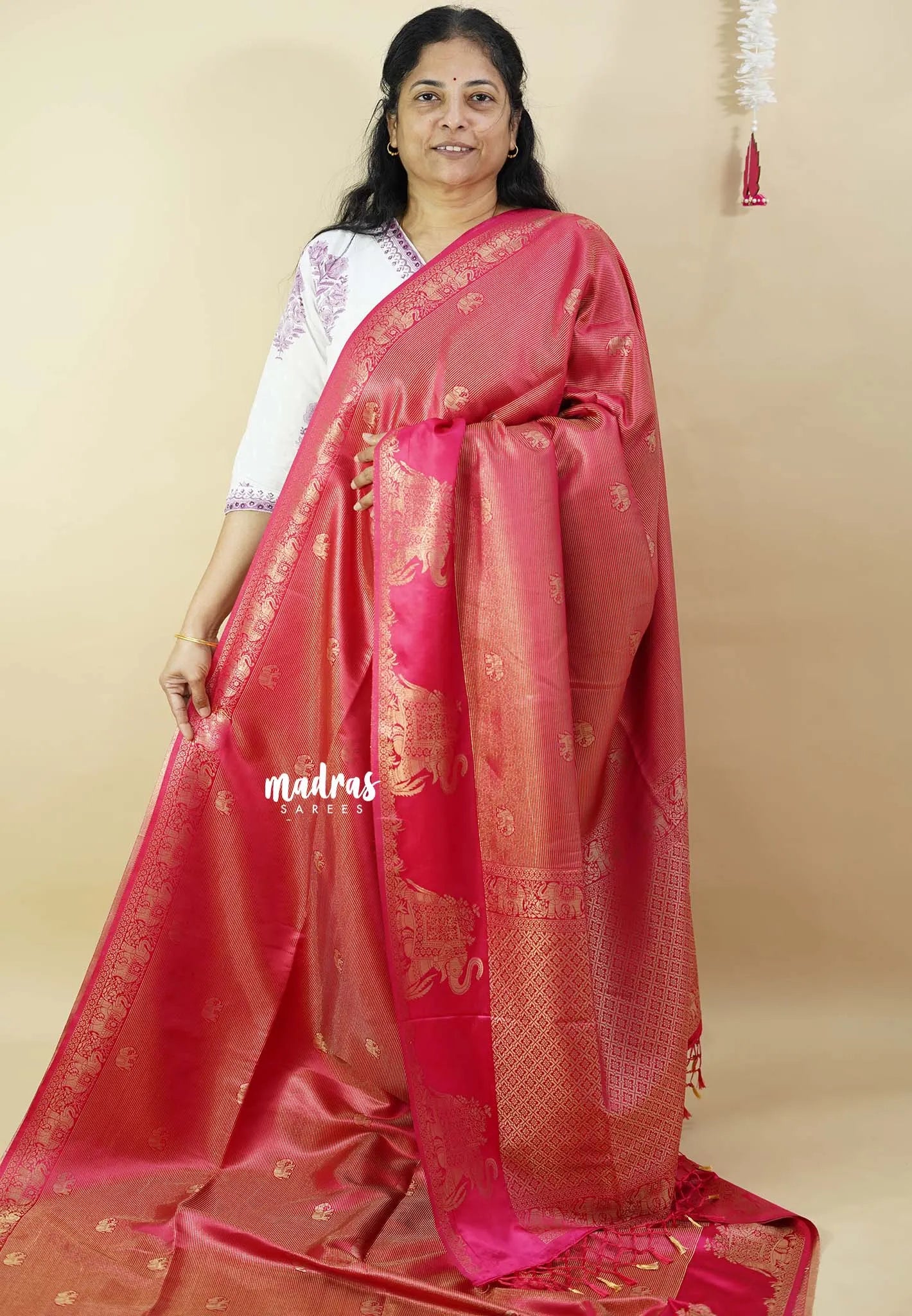 Barbie's Pink - Sri valli pure satin silk with vairaoosi full weaving and elephant border