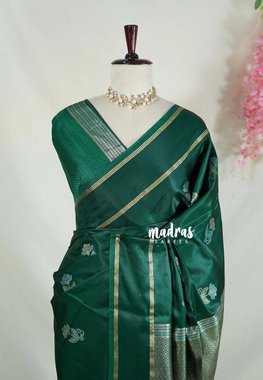 Emerald Green - Sri Valli - Satin Silk with Flower Buttas and Rettapet Border - Best for Diwali Festive | Temple Visit
