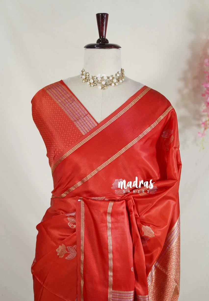 Rust Orange - Sri Valli - Satin Silk with Flower Buttas and Rettapet Border - Best for Diwali Festive | Temple Visit