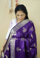 Jamun Purple - Sri valli pure satin silk with peacock buttas and gold zari border