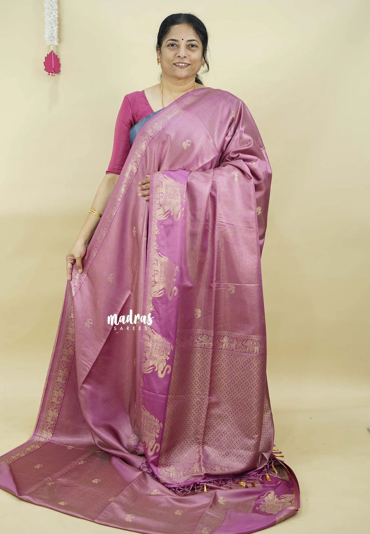 Onion Pink  - Sri valli pure satin silk with vairaoosi full weaving and elephant border