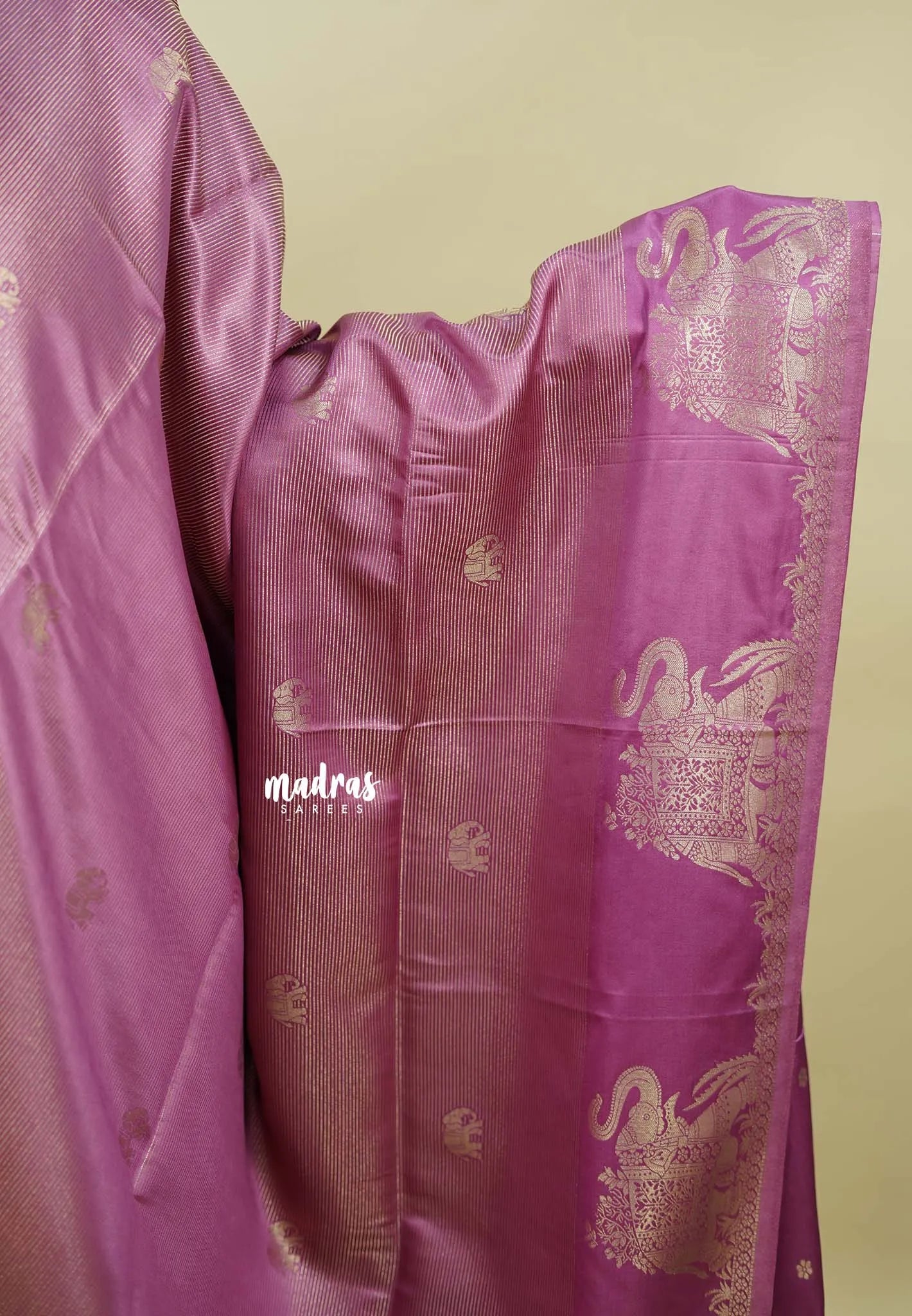Onion Pink  - Sri valli pure satin silk with vairaoosi full weaving and elephant border