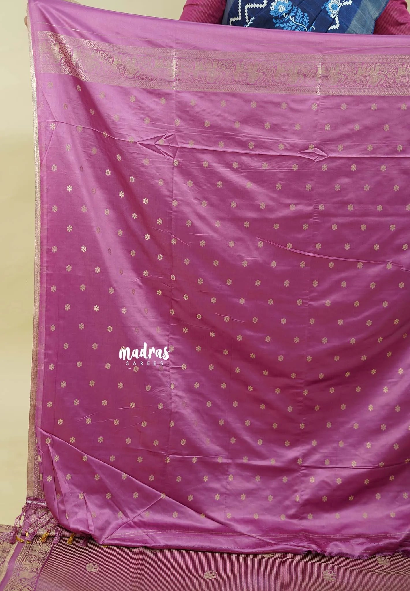 Onion Pink  - Sri valli pure satin silk with vairaoosi full weaving and elephant border