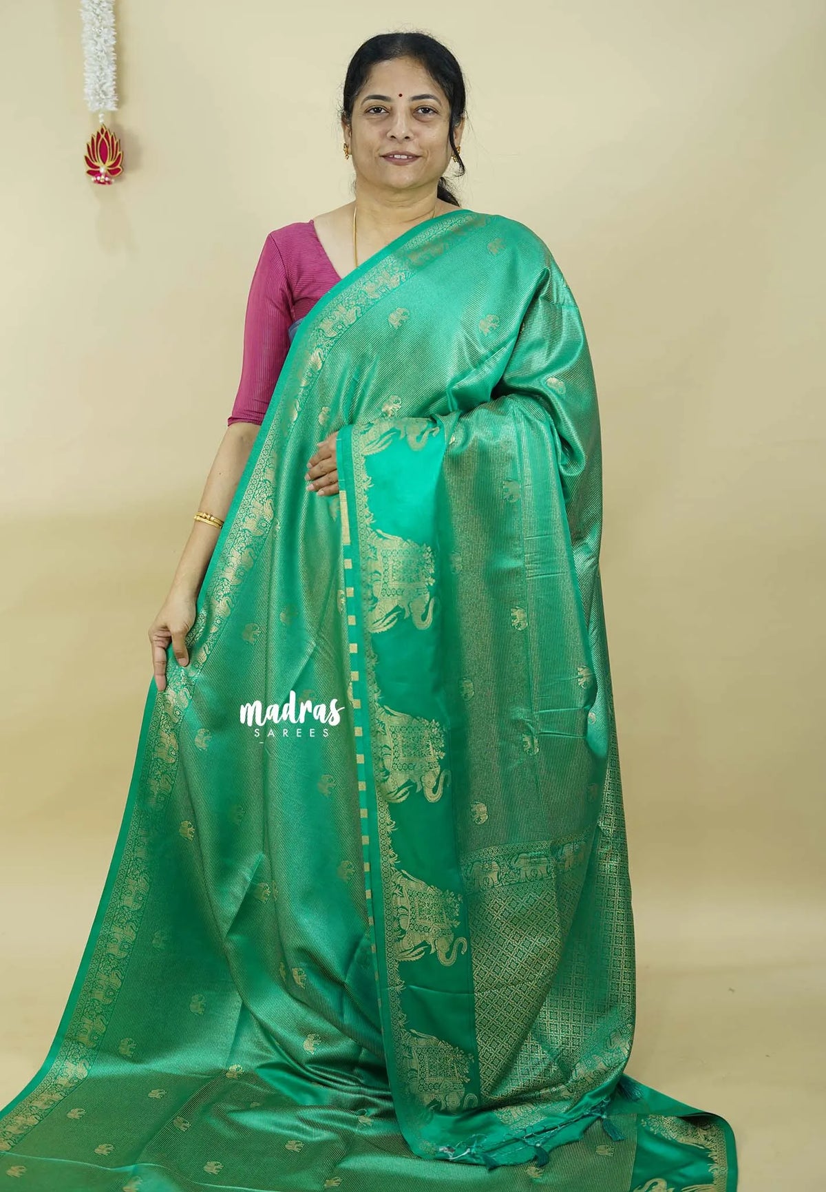 Maharani Emerald  - Sri valli pure satin silk with vairaoosi full weaving and elephant border