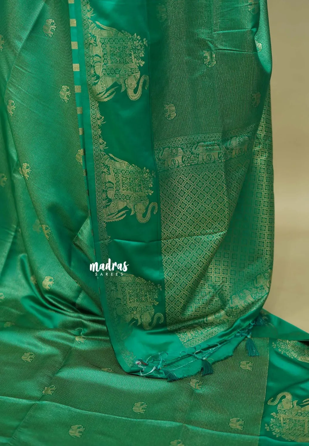 Maharani Emerald  - Sri valli pure satin silk with vairaoosi full weaving and elephant border