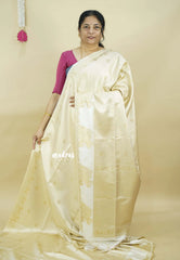 Ivory Cream white  - Sri valli pure satin silk with vairaoosi full weaving and elephant border
