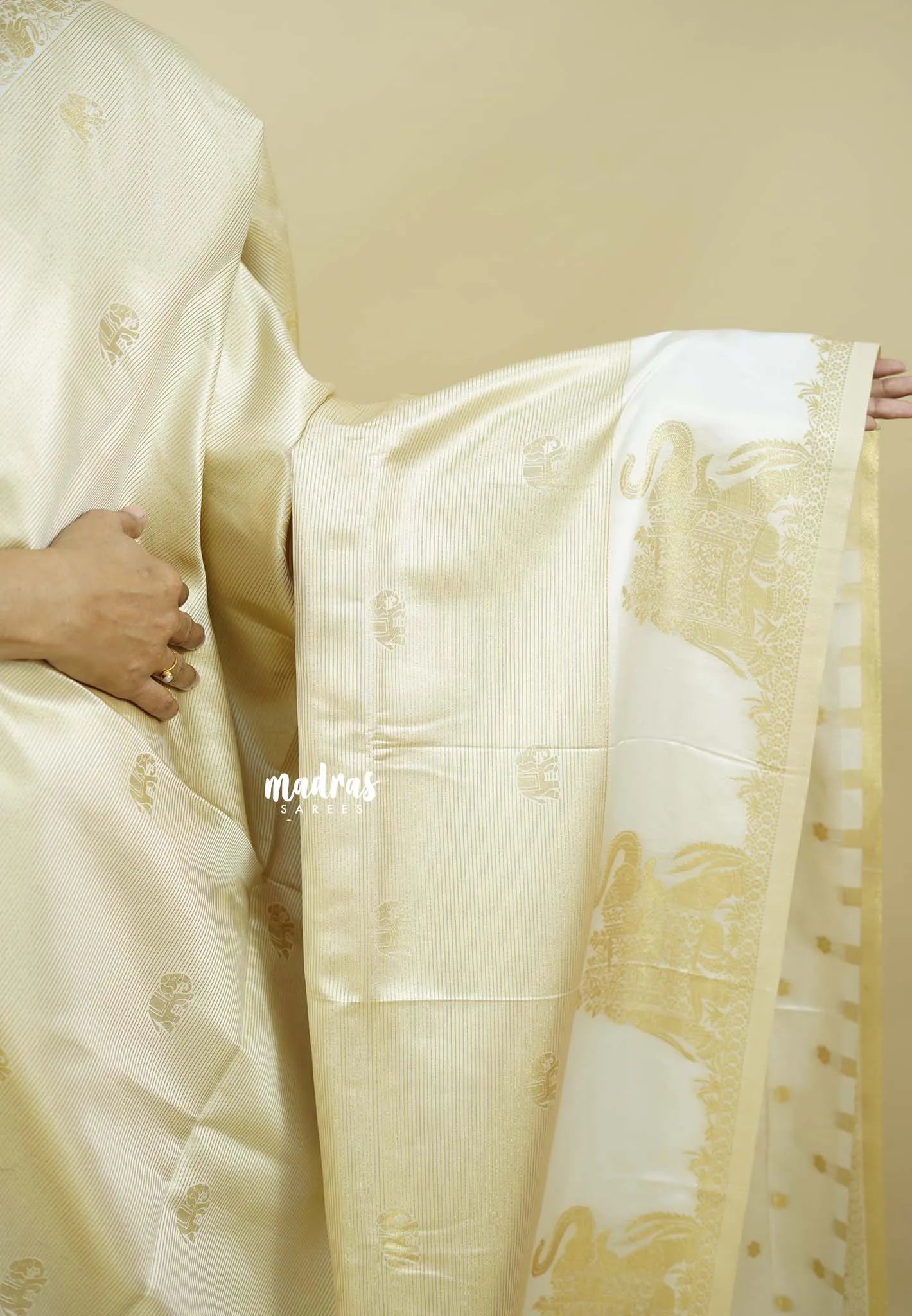 Ivory Cream white  - Sri valli pure satin silk with vairaoosi full weaving and elephant border