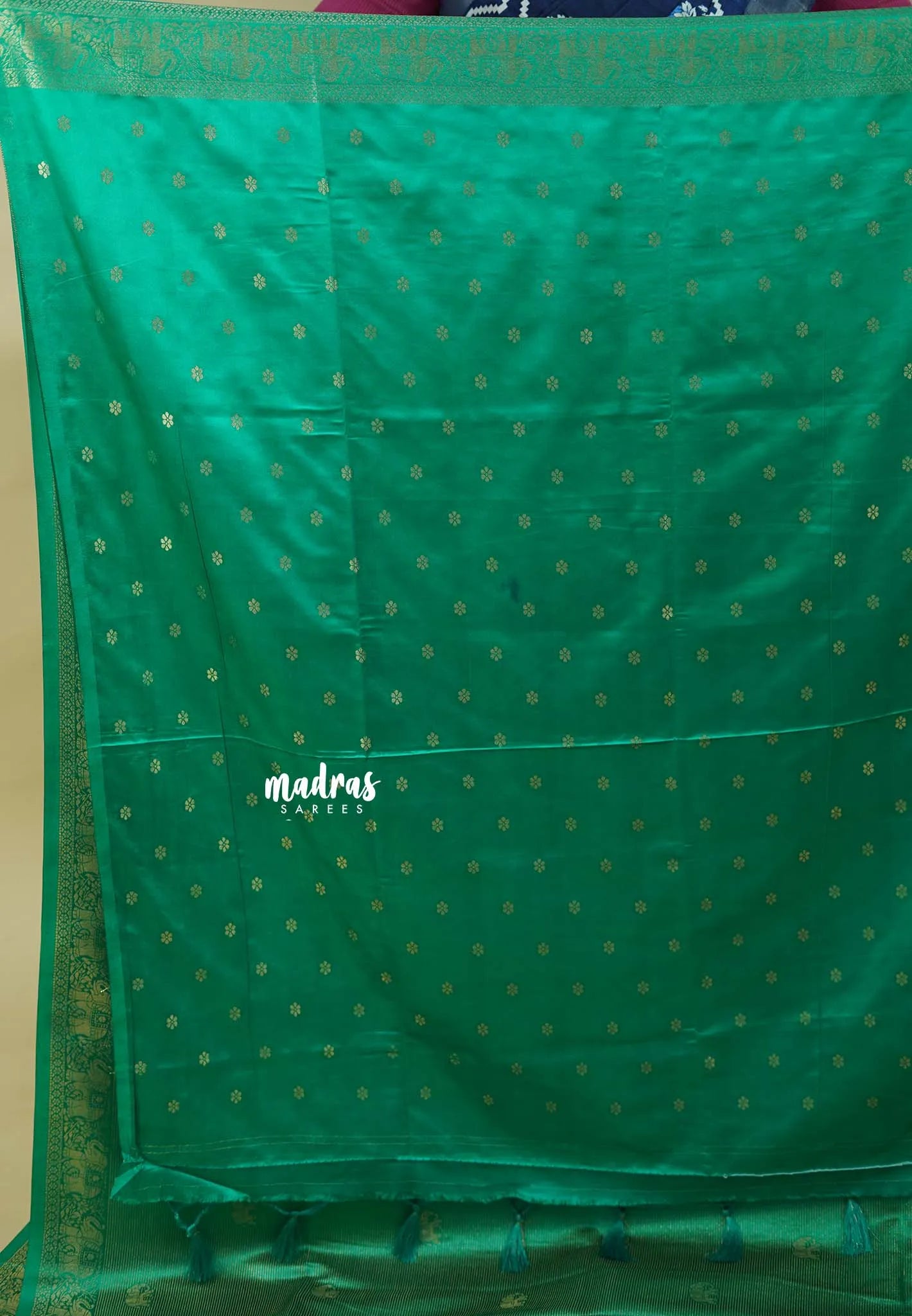 Maharani Emerald  - Sri valli pure satin silk with vairaoosi full weaving and elephant border