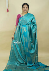 Teal Blue  - Sri valli pure satin silk with vairaoosi full weaving and elephant border