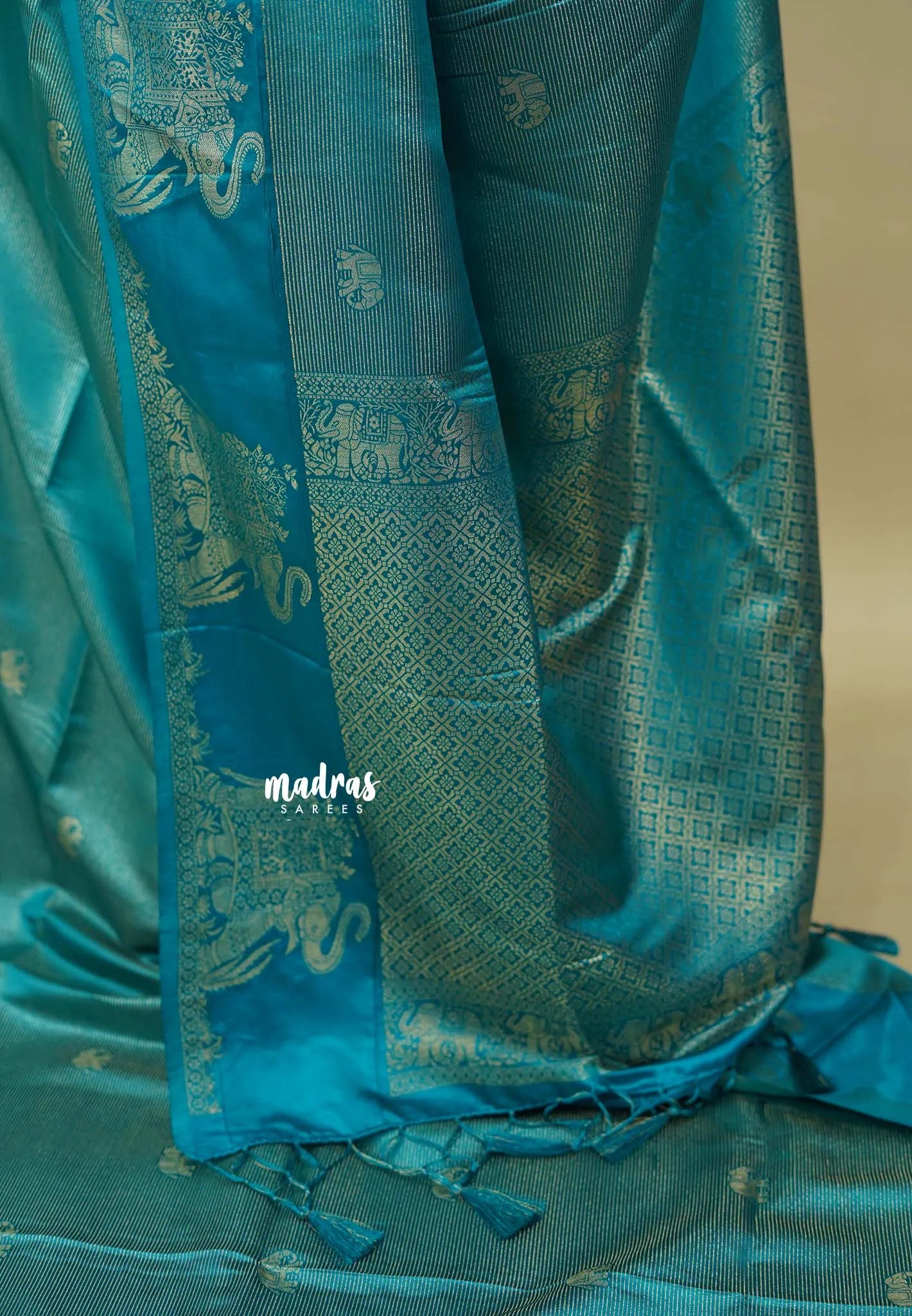 Teal Blue  - Sri valli pure satin silk with vairaoosi full weaving and elephant border