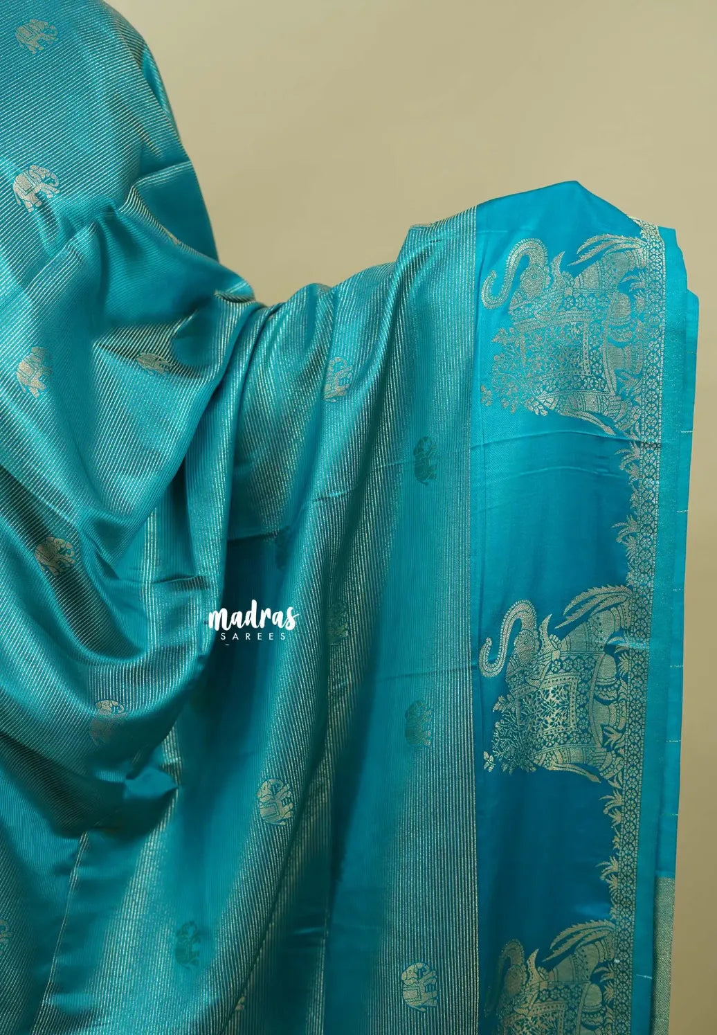 Teal Blue  - Sri valli pure satin silk with vairaoosi full weaving and elephant border