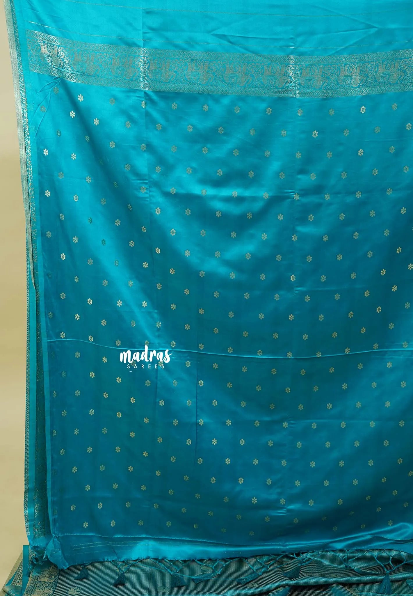 Teal Blue  - Sri valli pure satin silk with vairaoosi full weaving and elephant border