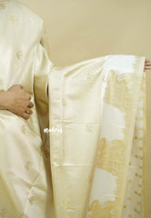Ivory Cream white  - Sri valli pure satin silk with vairaoosi full weaving and elephant border