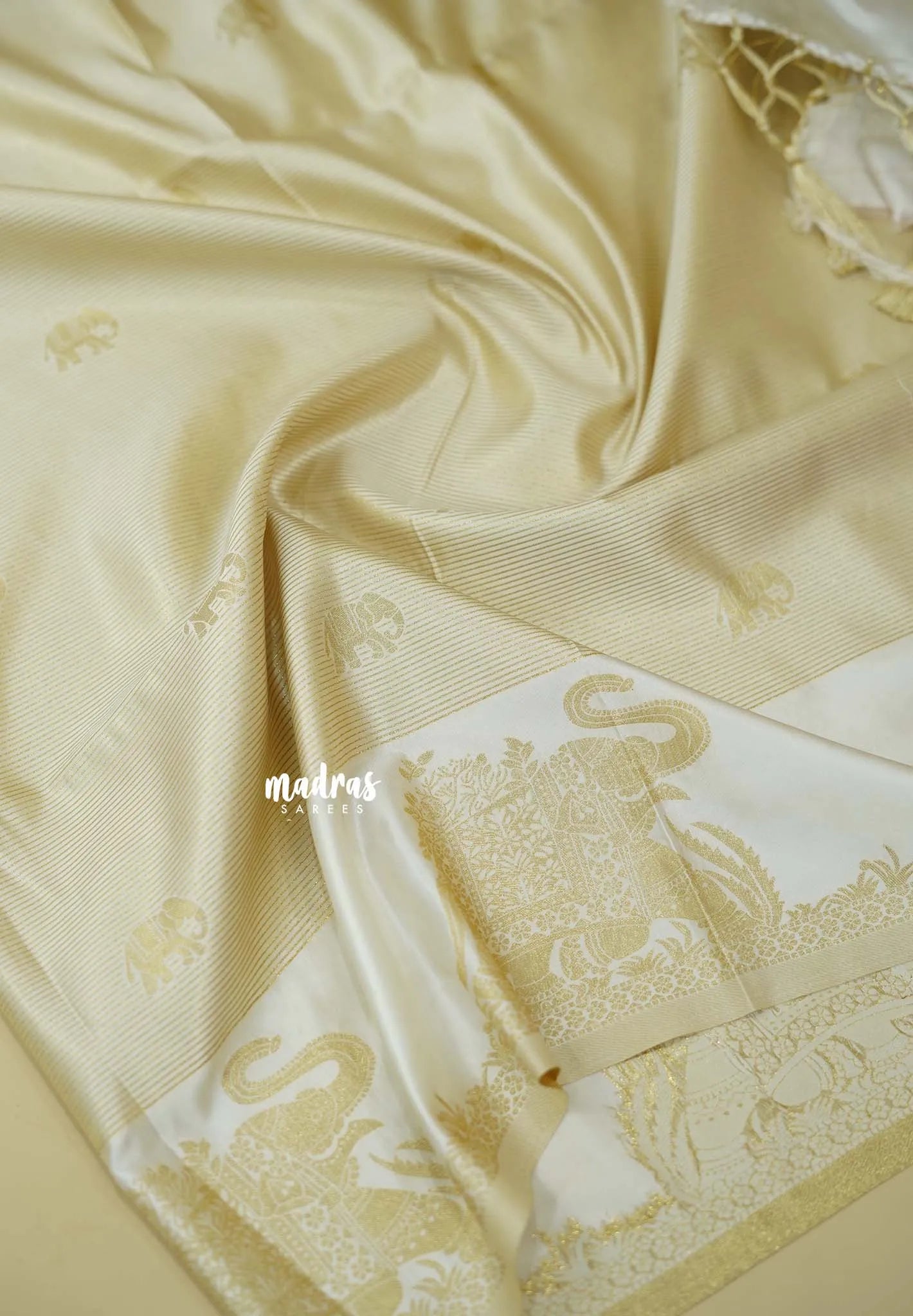 Ivory Cream white  - Sri valli pure satin silk with vairaoosi full weaving and elephant border