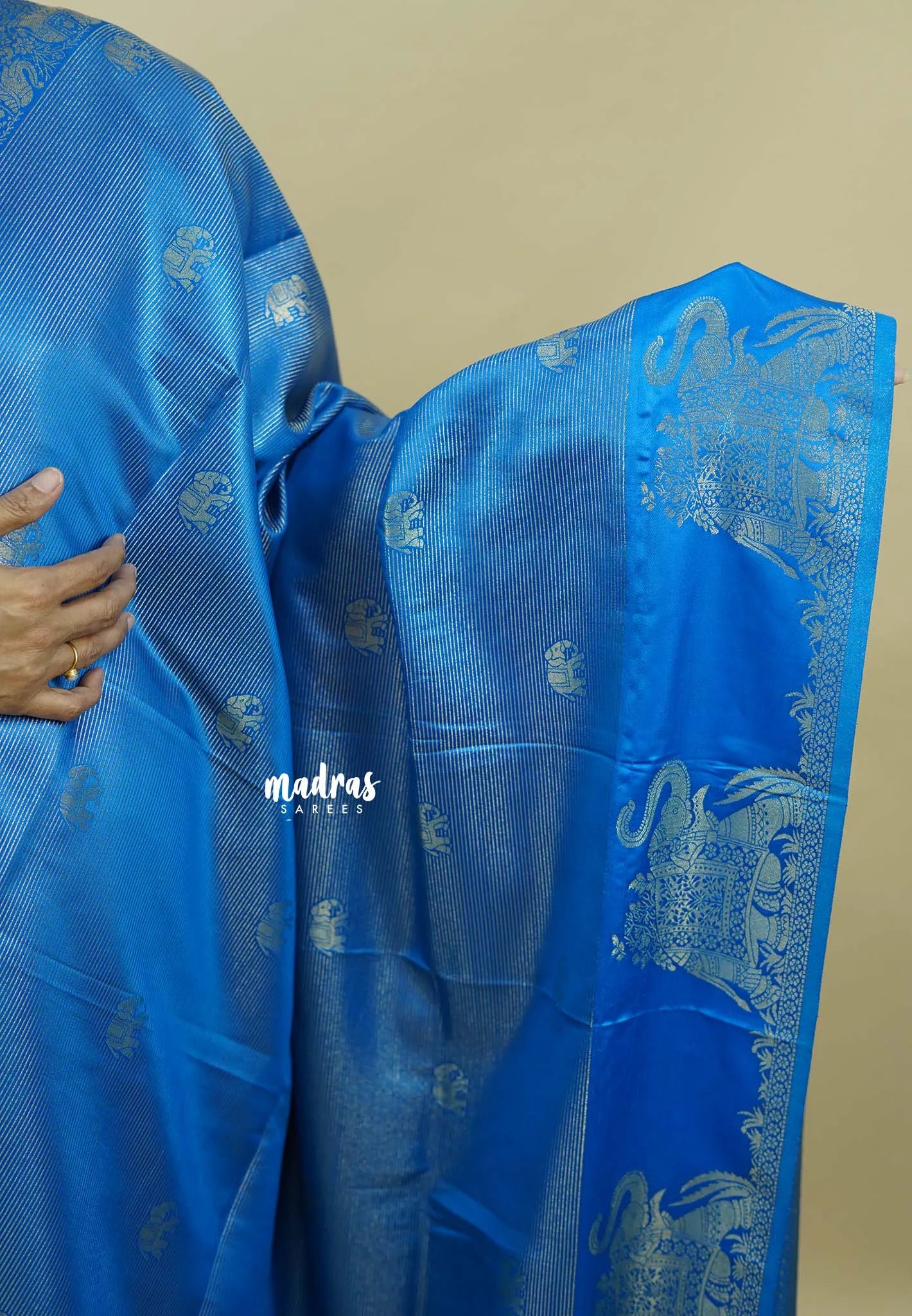 Blue Muse - Sri valli pure satin silk with vairaoosi full weaving and elephant border
