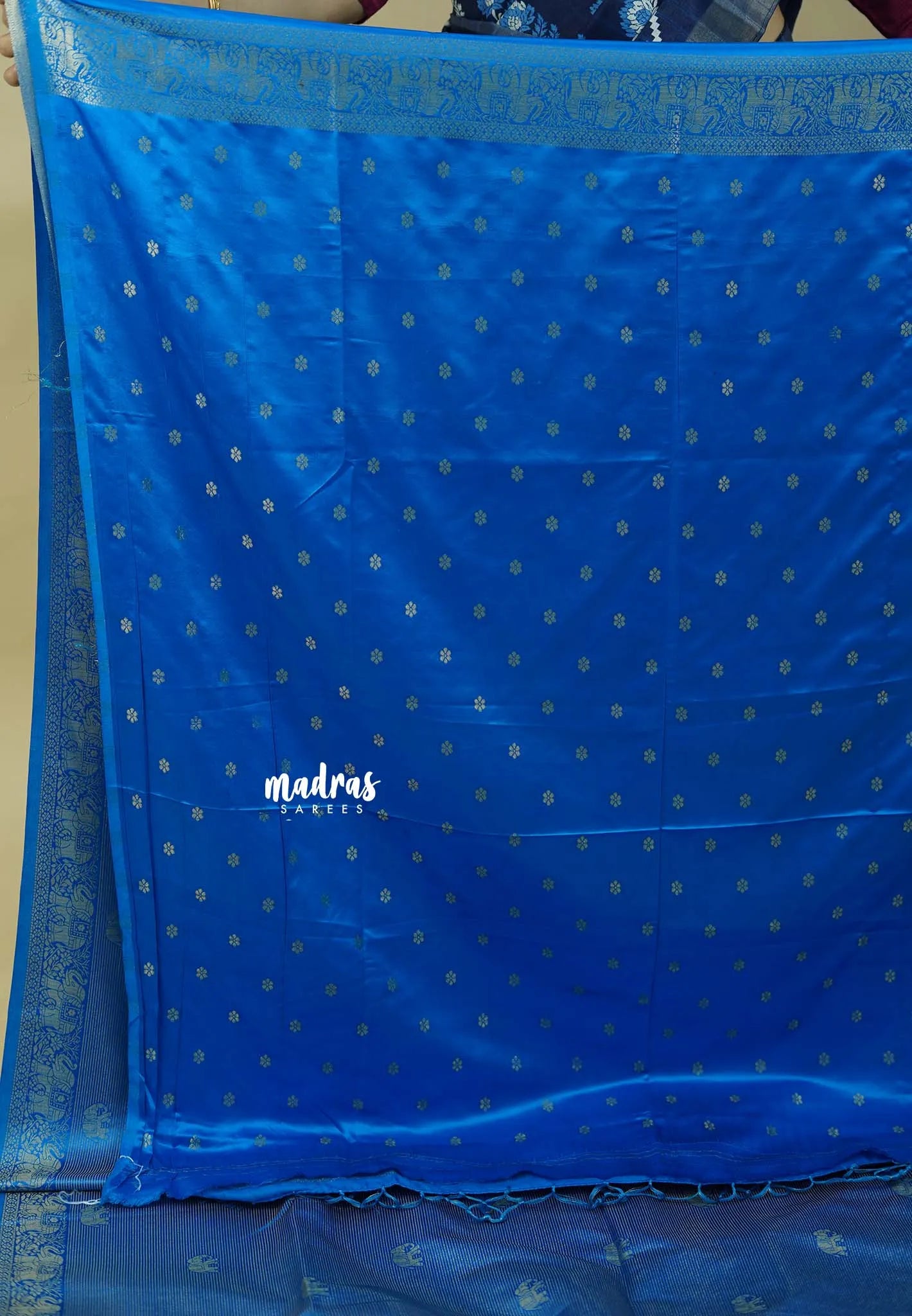 Blue Muse - Sri valli pure satin silk with vairaoosi full weaving and elephant border