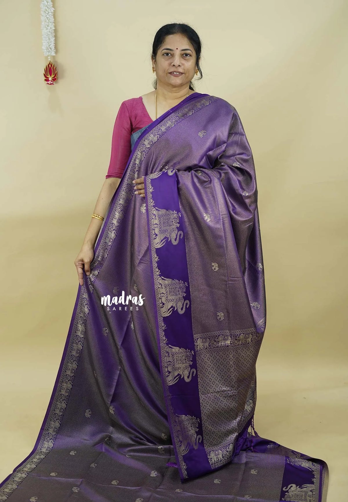 Royal Purple  - Sri valli pure satin silk with vairaoosi full weaving and elephant border