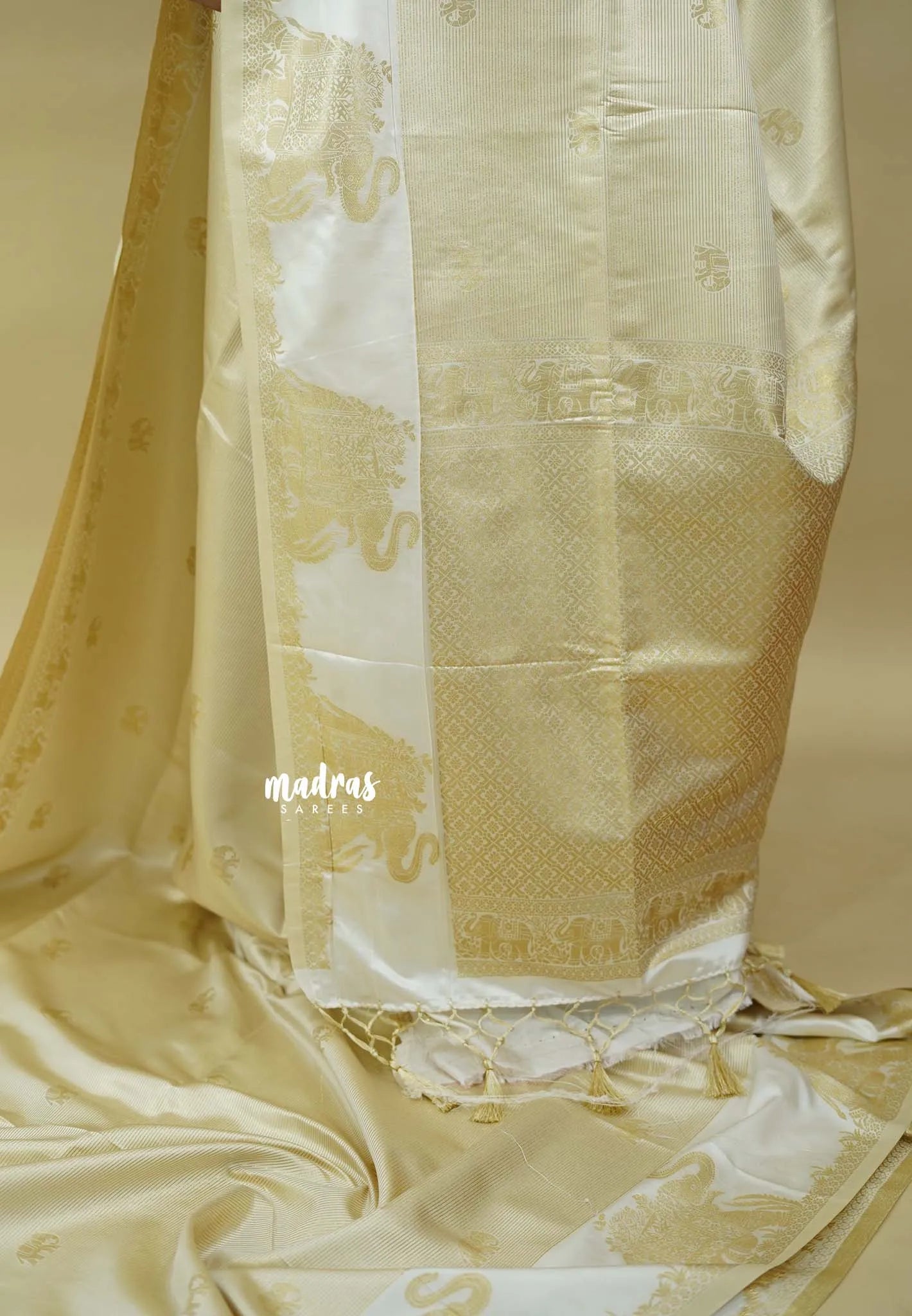 Ivory Cream white  - Sri valli pure satin silk with vairaoosi full weaving and elephant border