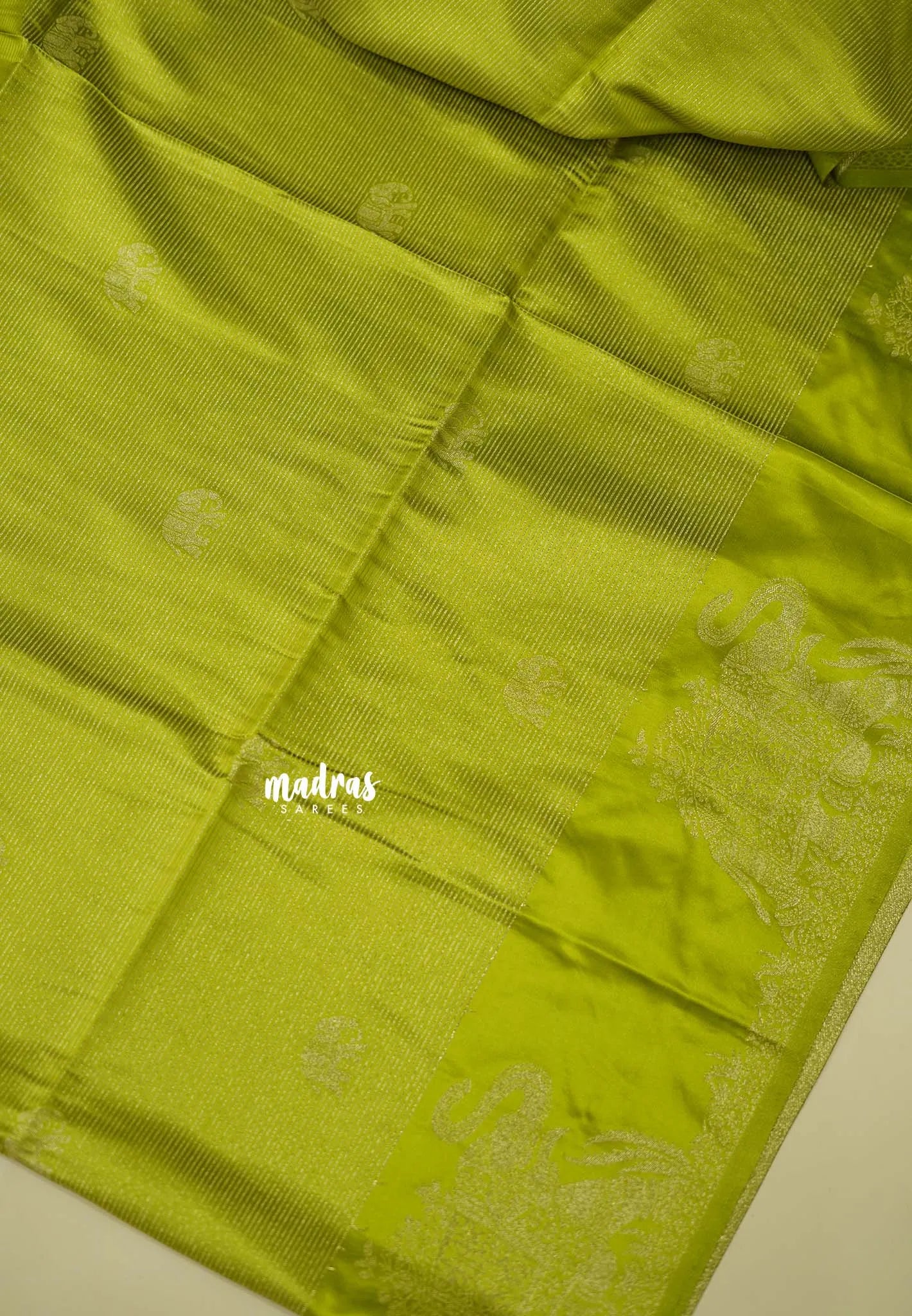 Sap Green - Sri valli pure satin silk with vairaoosi full weaving and elephant border