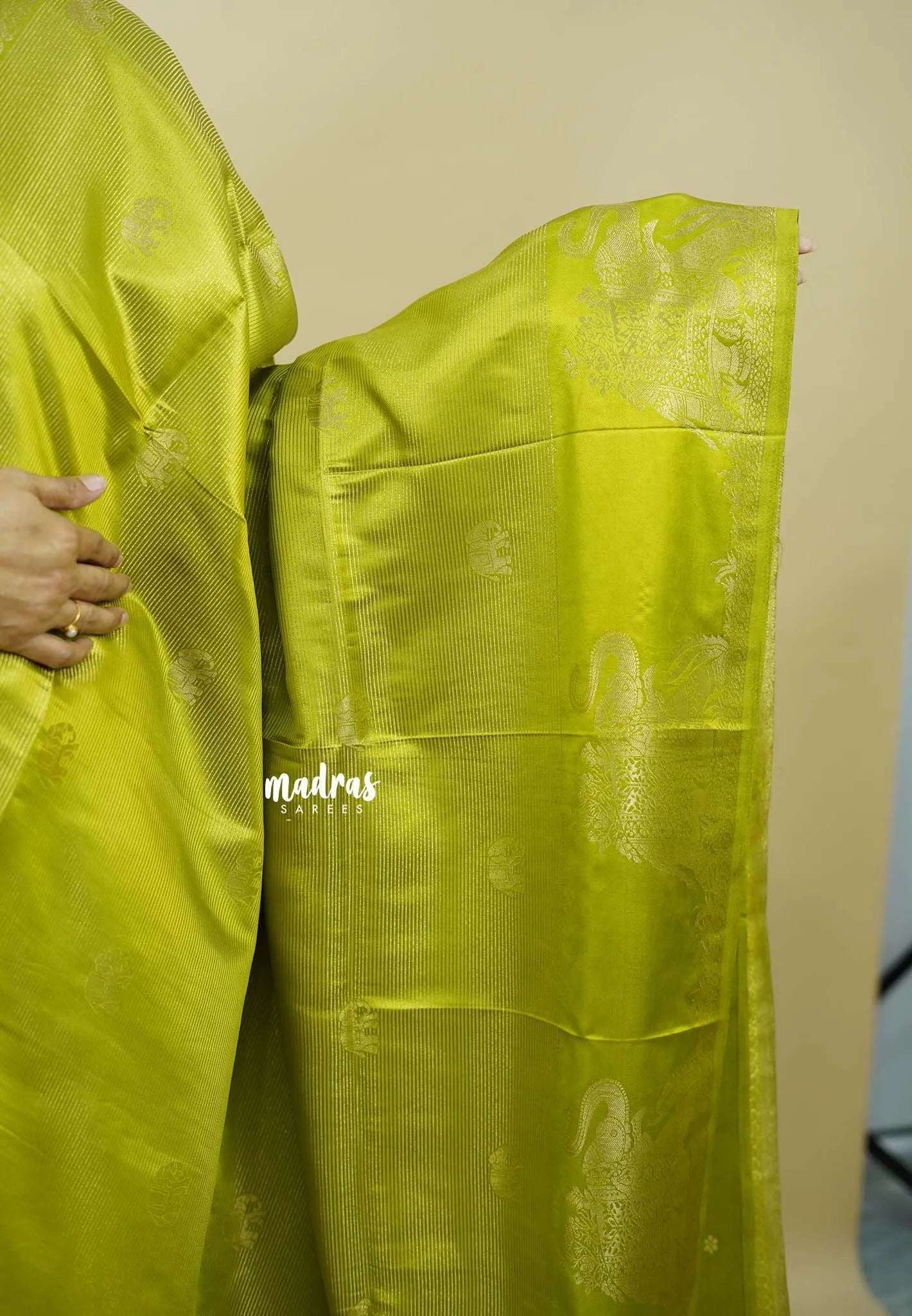 Sap Green - Sri valli pure satin silk with vairaoosi full weaving and elephant border
