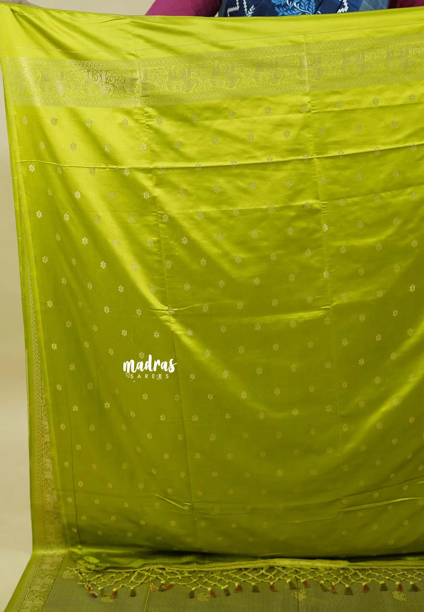 Sap Green - Sri valli pure satin silk with vairaoosi full weaving and elephant border