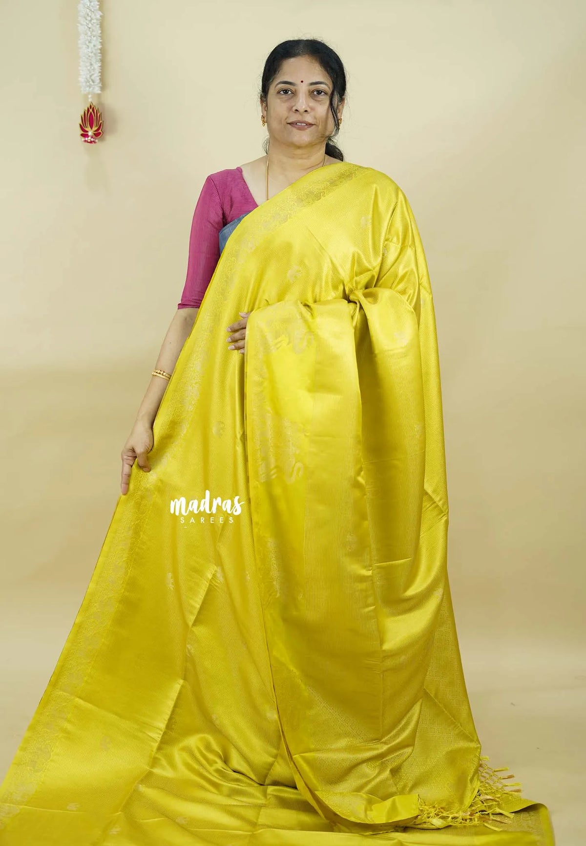 Neon yellow  - Sri valli pure satin silk with vairaoosi full weaving and elephant border
