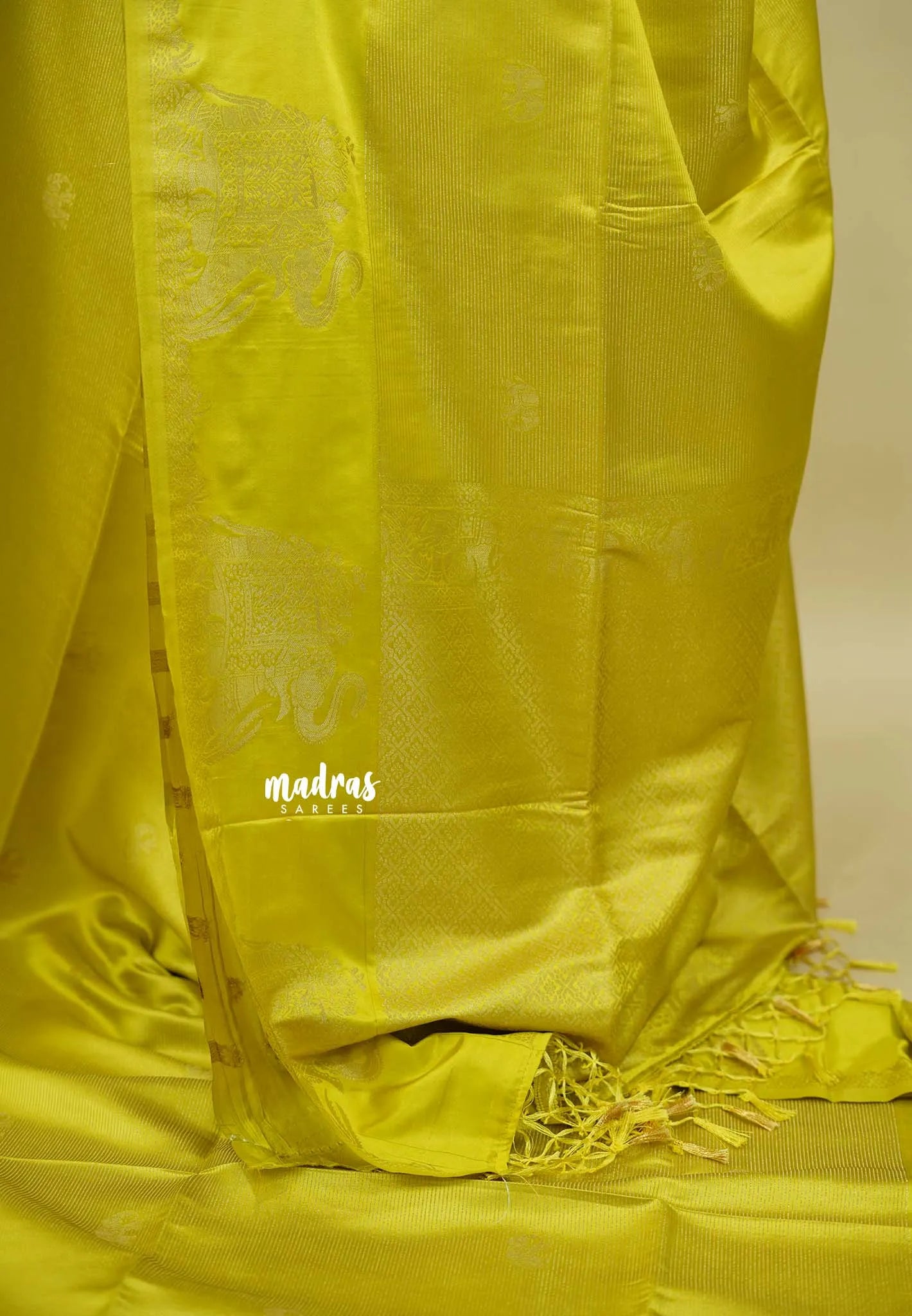 Neon yellow  - Sri valli pure satin silk with vairaoosi full weaving and elephant border
