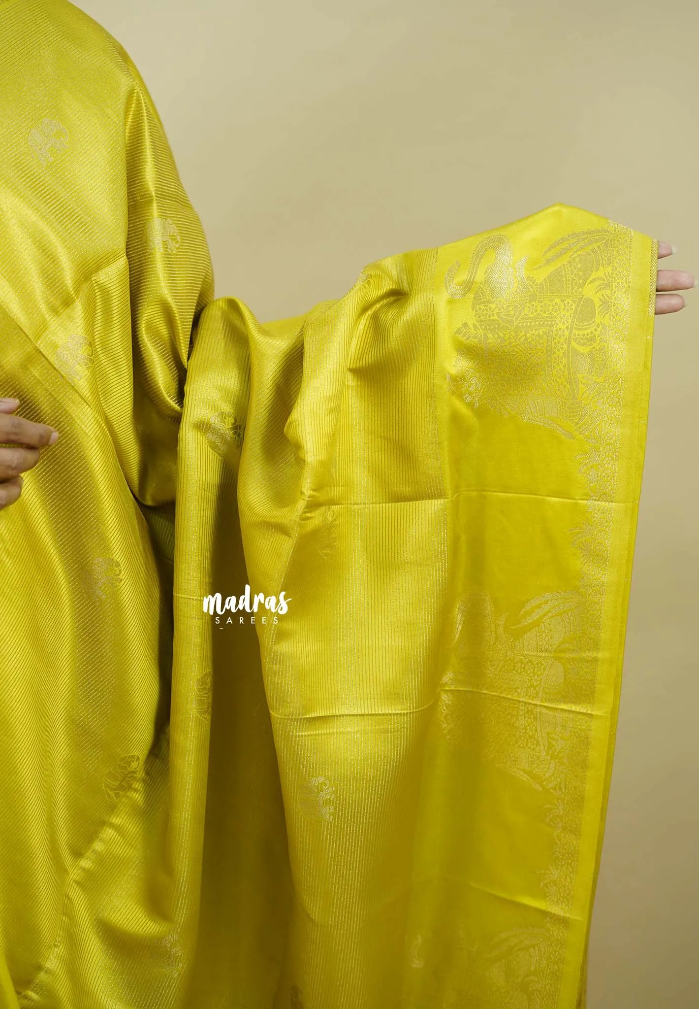 Neon yellow  - Sri valli pure satin silk with vairaoosi full weaving and elephant border