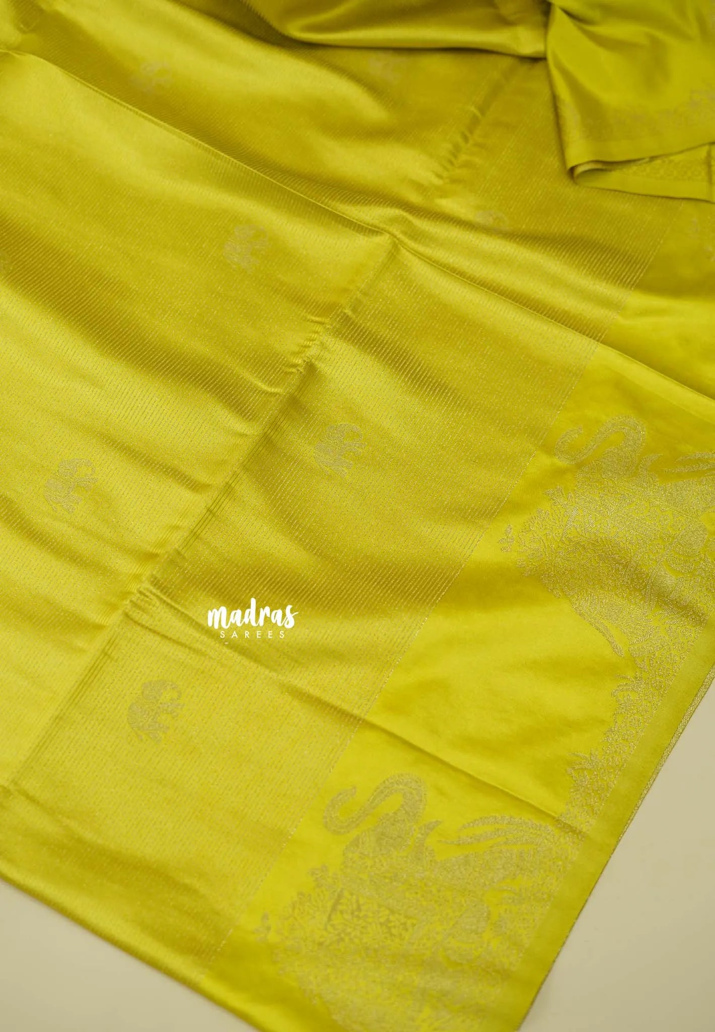 Neon yellow  - Sri valli pure satin silk with vairaoosi full weaving and elephant border