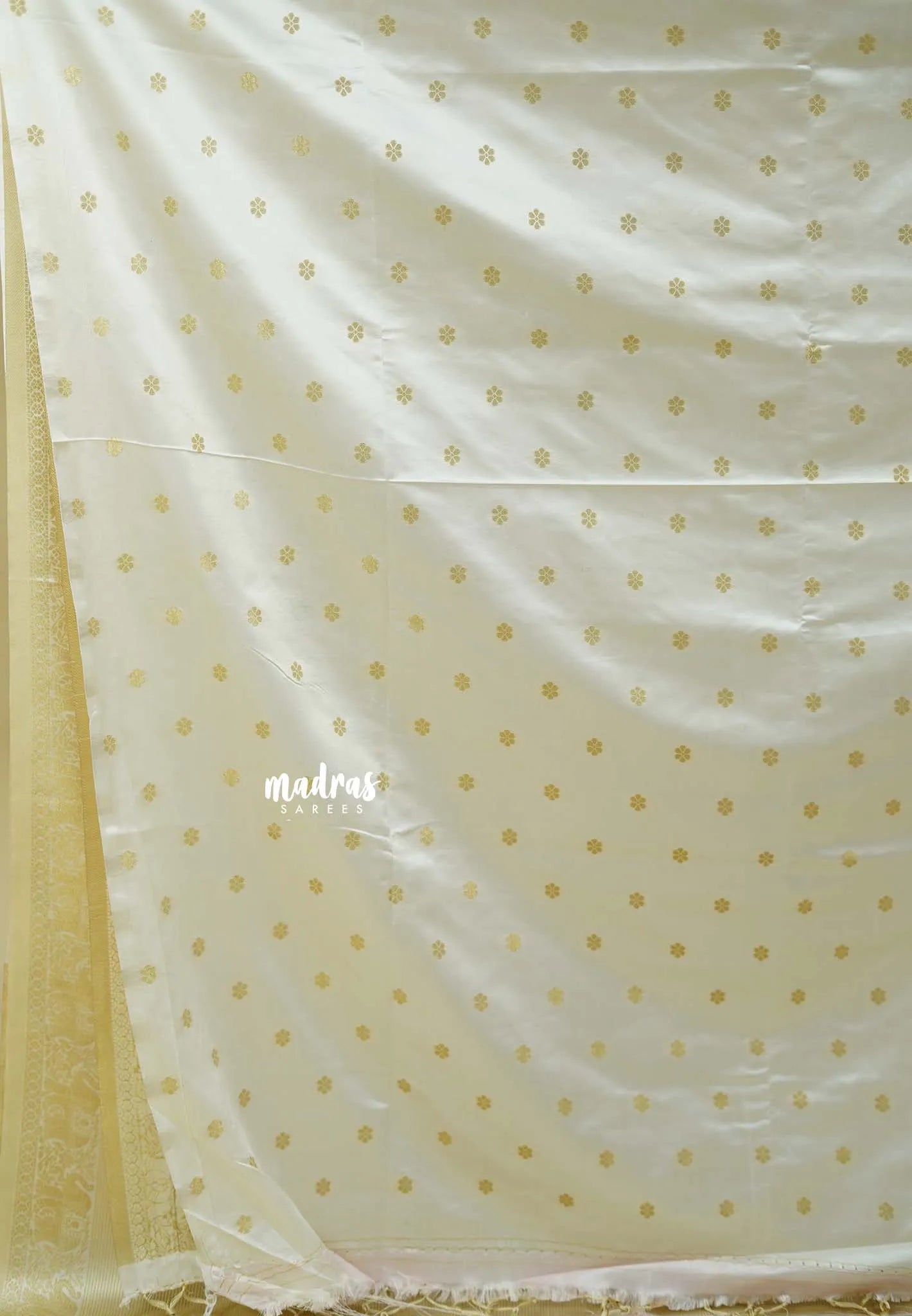 Ivory Cream white  - Sri valli pure satin silk with vairaoosi full weaving and elephant border